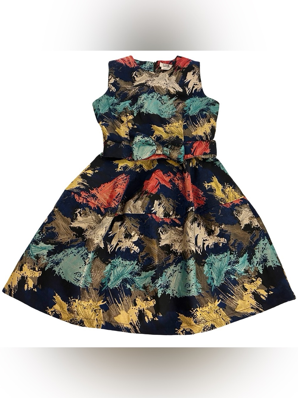 XS Molly Bracken Babydoll Bow Belt Fit & Flare Metallic Dress